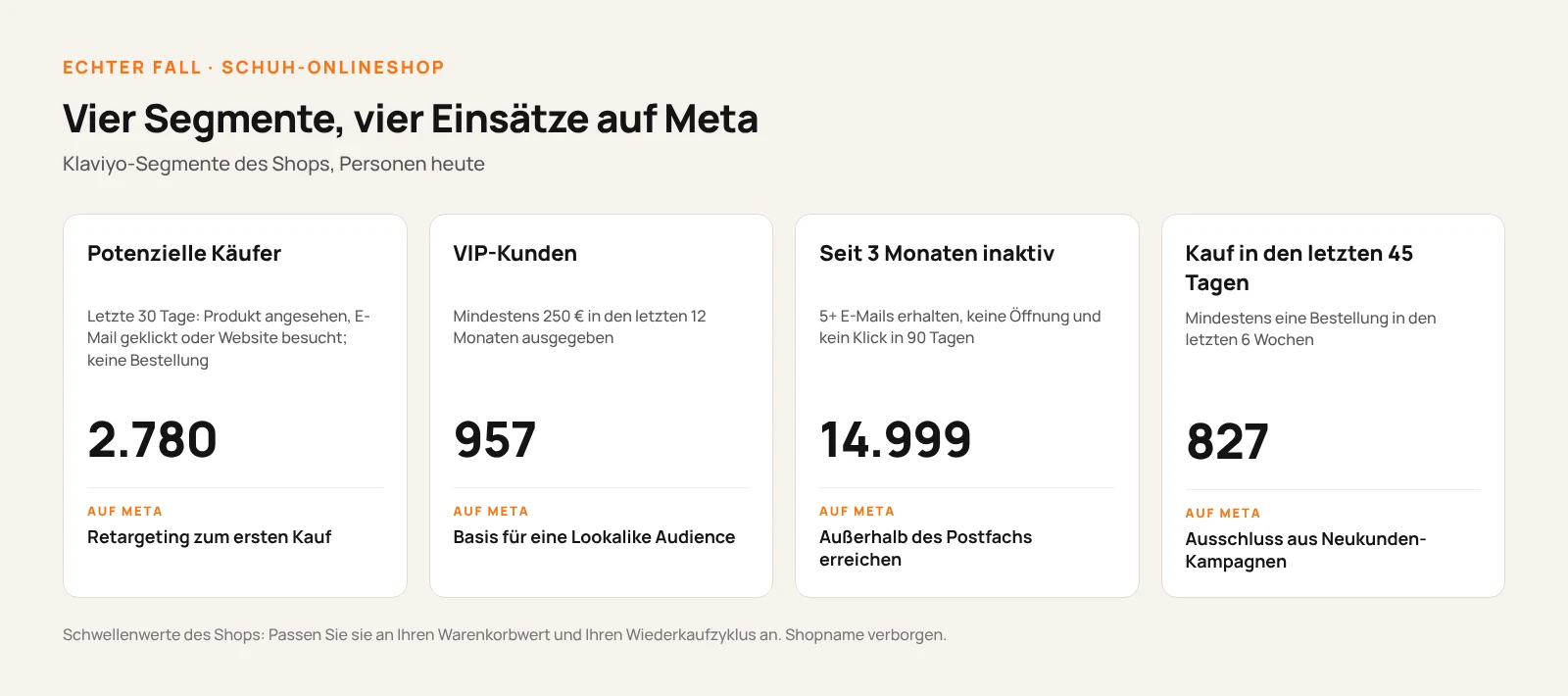 Schema der vier Segmente eines Schuhshops mit Regel, Personenzahl und Einsatz auf Meta: 2.780 potenzielle Käufer für Retargeting, 957 VIP-Kunden als Basis für eine Lookalike Audience, 14.999 seit 3 Monaten Inaktive, die auf Meta erreicht werden, 827 Käufer der letzten 45 Tage zum Ausschließen
