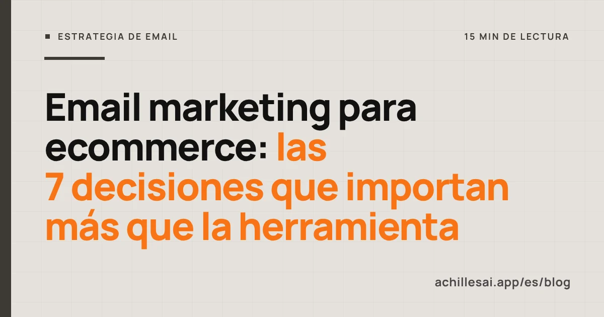 Siete fichas en fila que representan las decisiones del email marketing para ecommerce: objetivo, contactos, flujos, campañas, segmentos, entregabilidad, medición