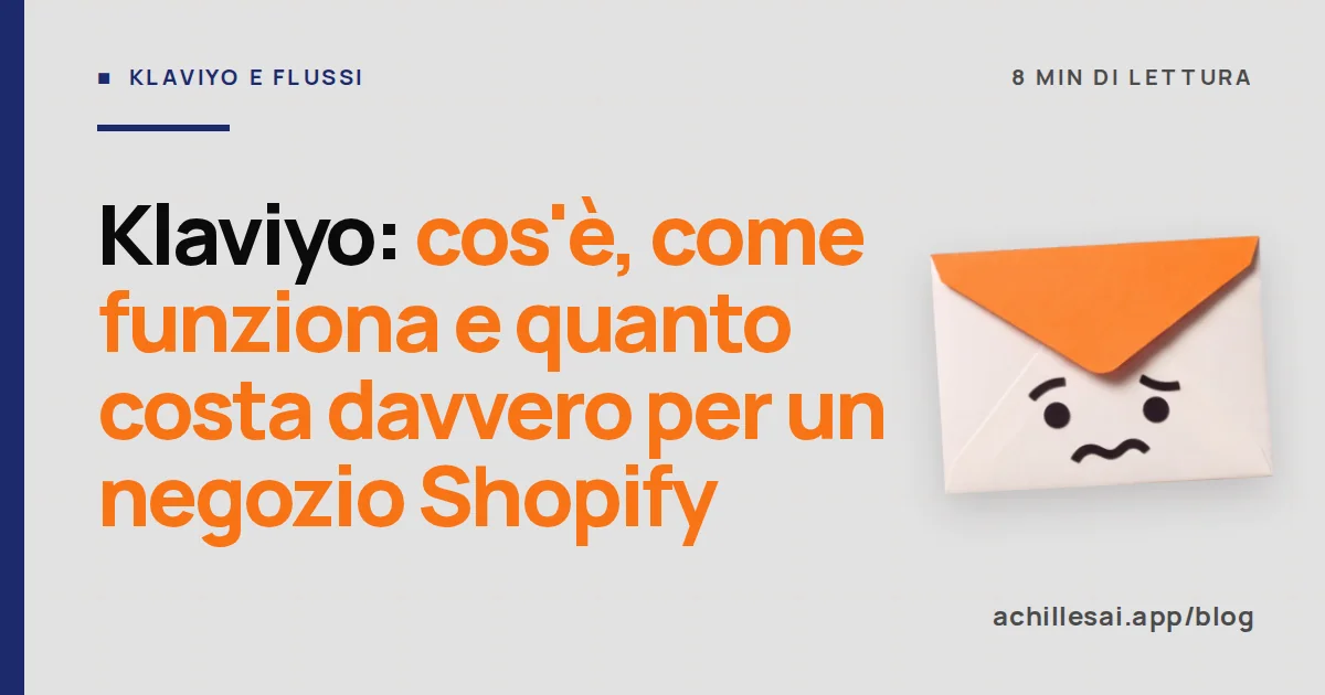 Schema di un flusso Klaviyo collegato a un negozio Shopify, accanto a una tabella dei costi mensili per fascia di profili